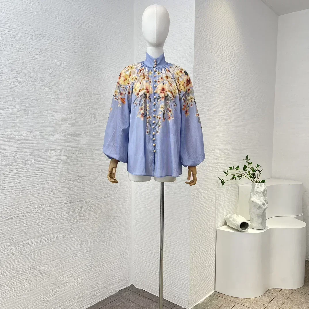 Новый синий пальмовый цветочный принт винтажная блузка с рукавами-фонариками и