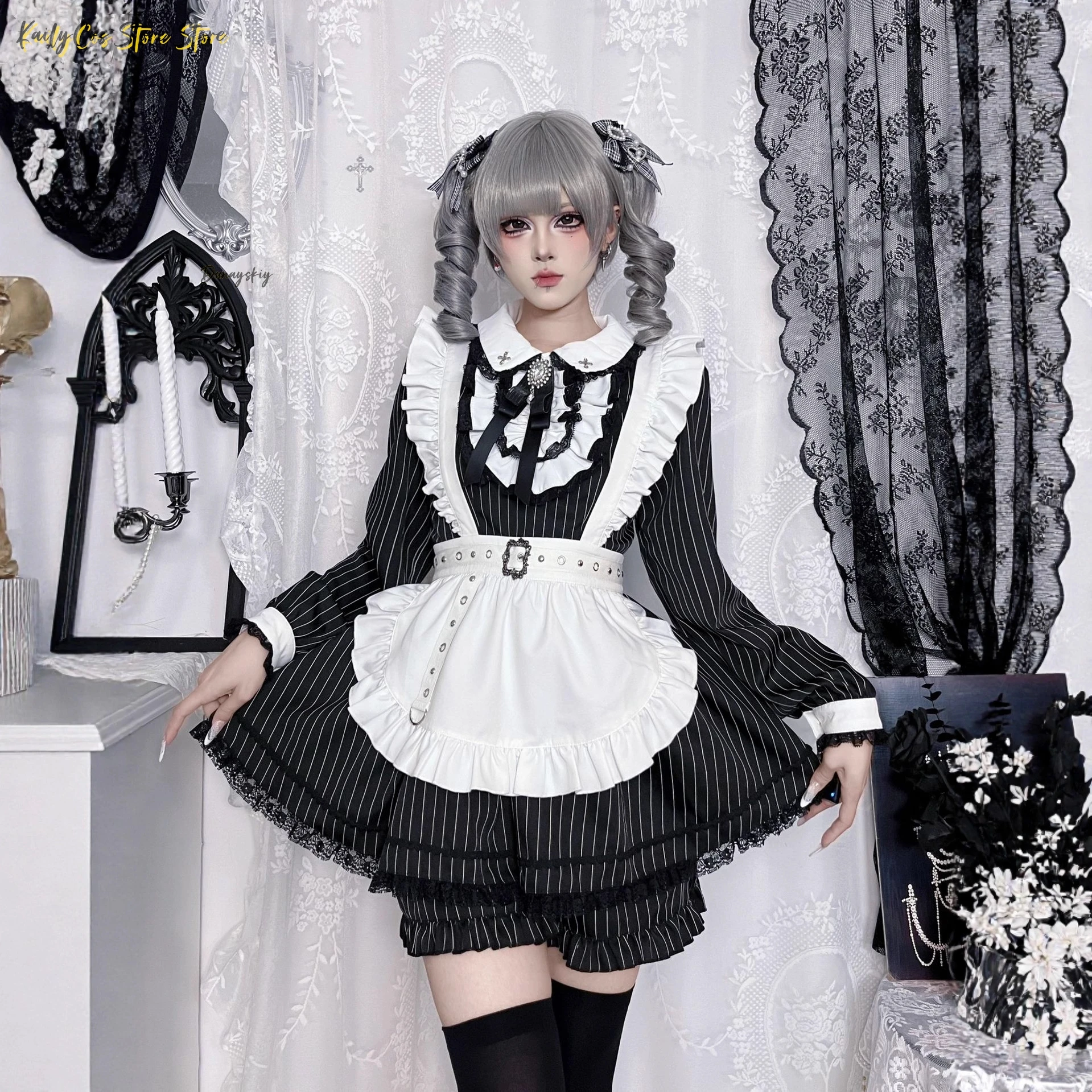 Фото Новый японский полосатый наряд горничной Jirai Kei Lolita, комплект платья с длинными рукавами, кружево с рюшами + фартук + пояс |   Аниме-стиль горничной №3