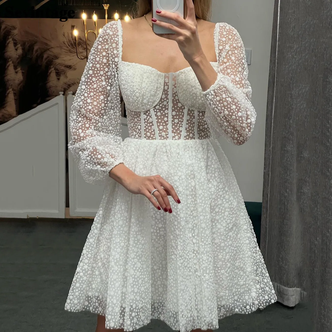 

Sevintage Ivory Above Knee Mini Prom Dresses Long Sleeves See Through Top A Line Tulle Formal Cocktail Dress Women Party Gowns