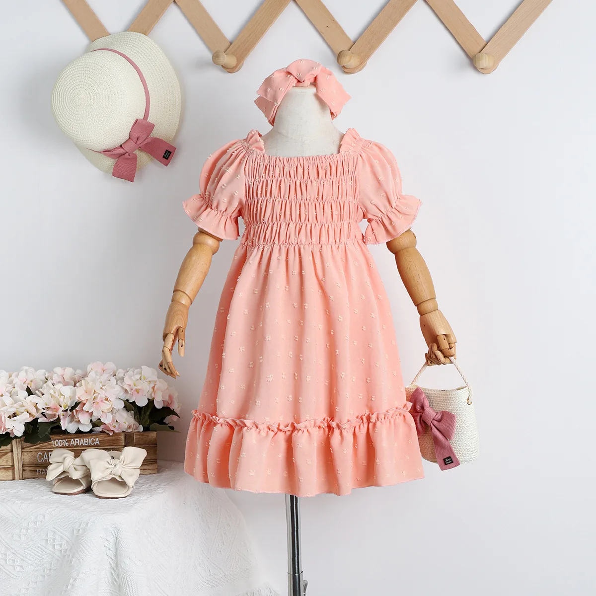 

Toddler Baby Girl Dress Summer New Princess Style Solid Color Pink Dress Dresses Headband Infant Fashion Casual Dress
