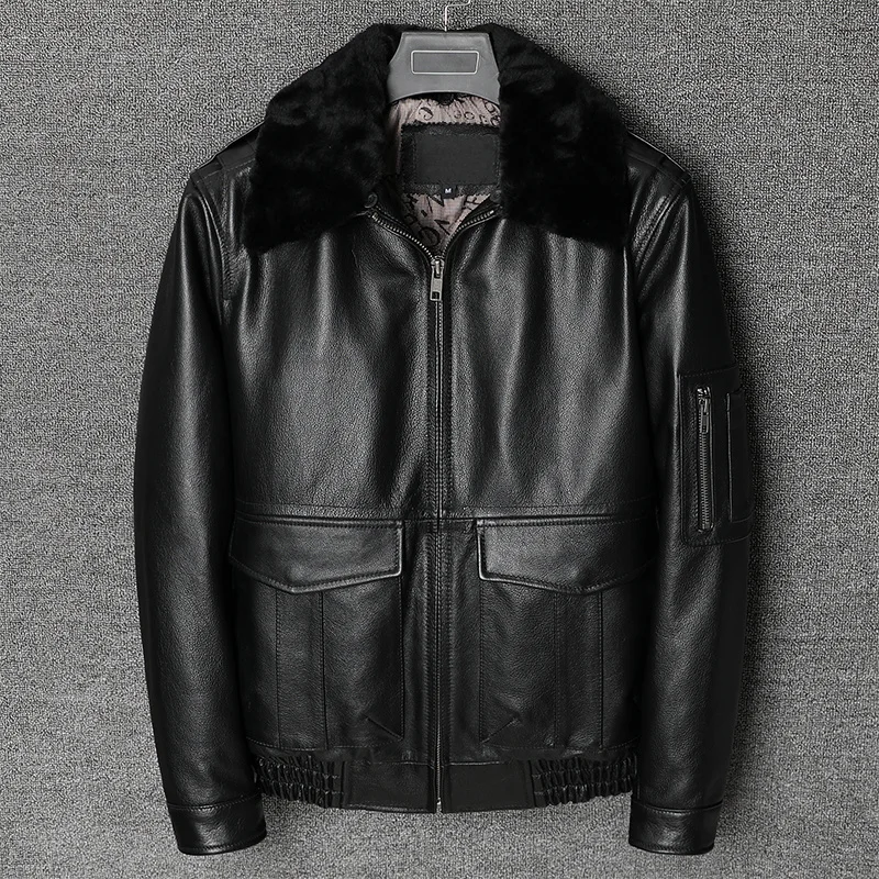 

2022 New Air Force Flight Genuine Cow Leather Men's Jacket Detachable Wool Collar Thicken Warm Cowhide Clothes Men