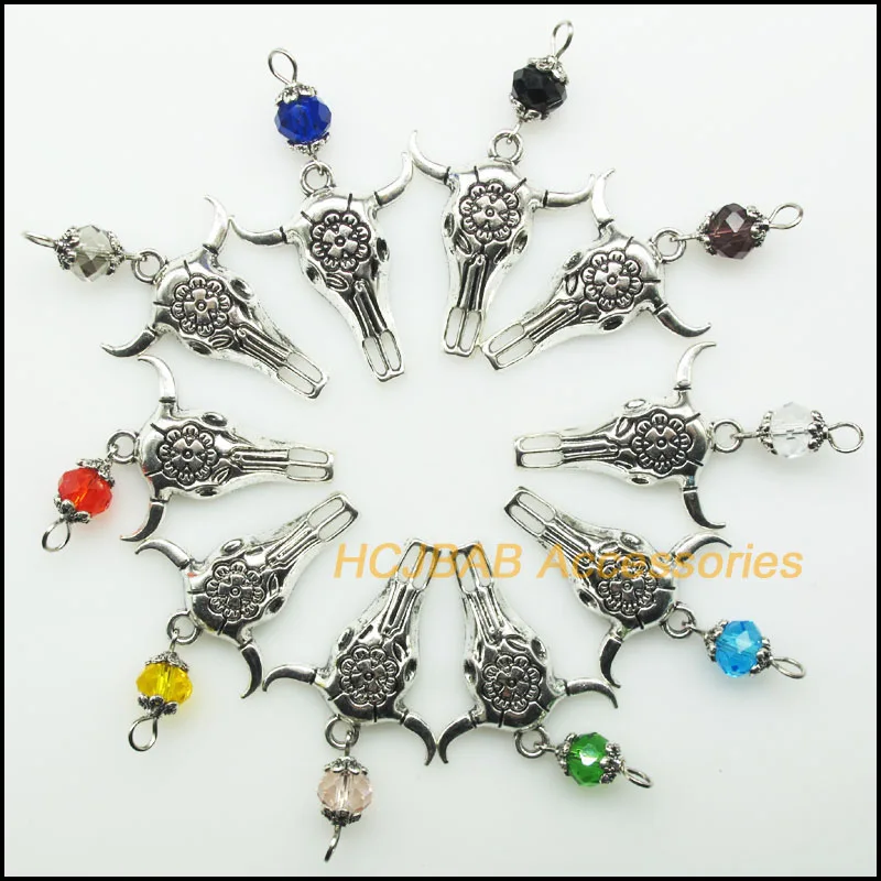 10 шт. Смешанные Круглые кристаллы антикварного серебряного цвета с черепом коровы Подвески на Хэллоуин 26x32 мм