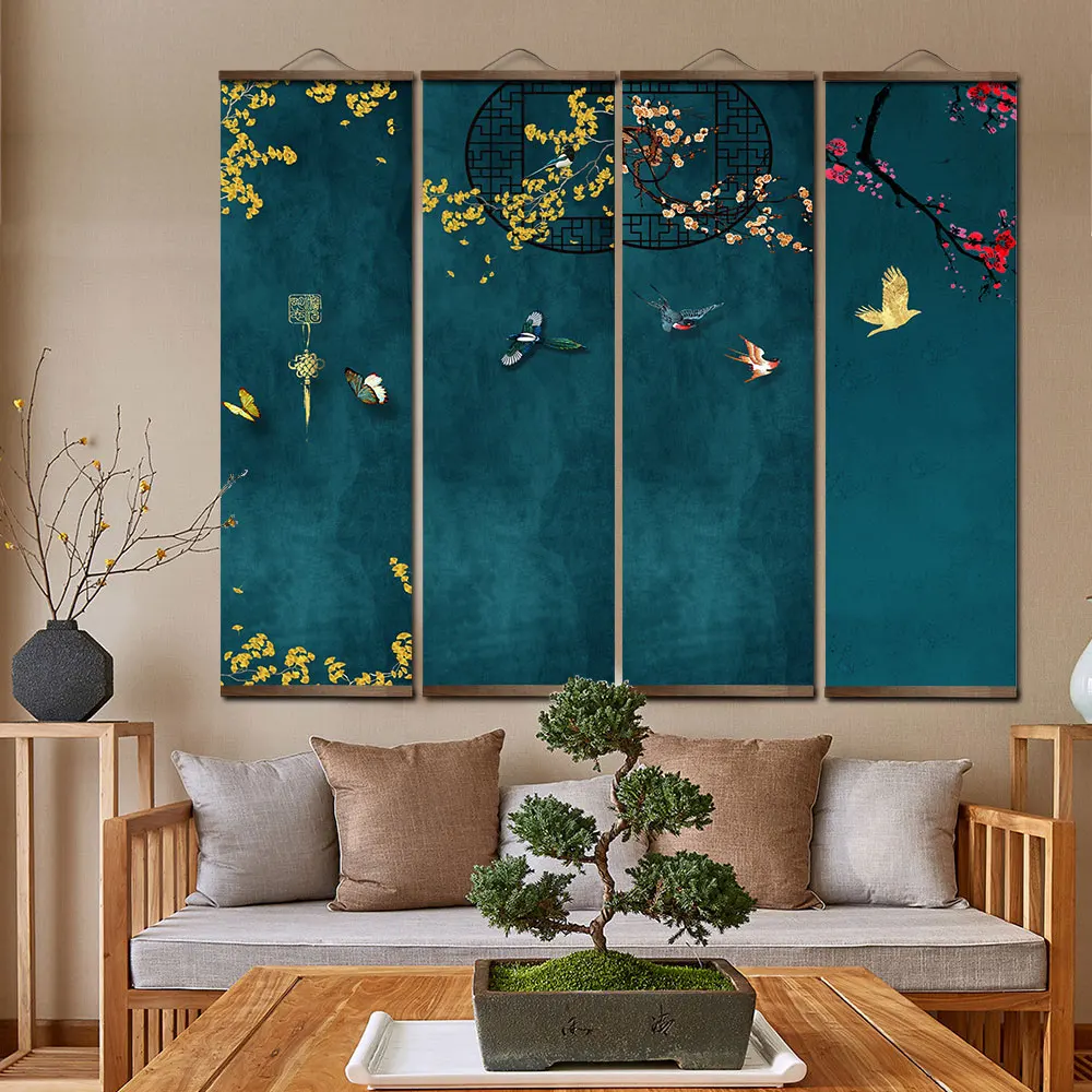 Chinese style Morandi color celebration bird and flower home wall decoration  decoracion para sala  tropical wall art  canvas