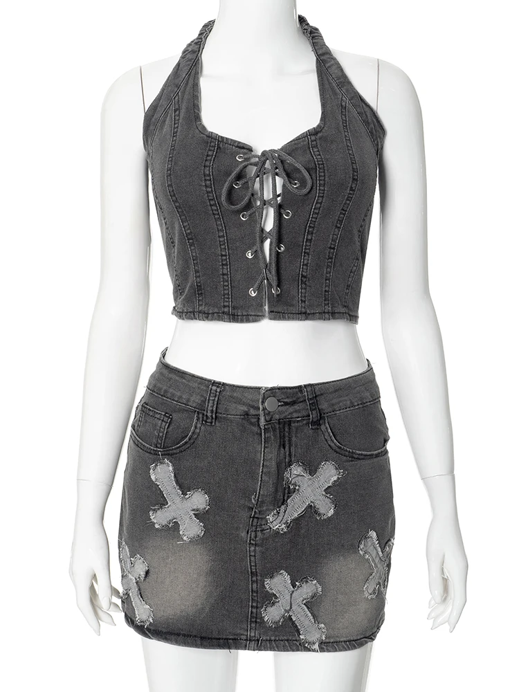 Женская джинсовая Майка без бретелек с открытой спиной и юбкой принтом