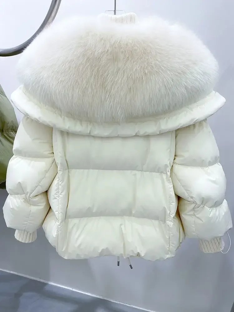 Женский пуховик с воротником из лисьего меха короткая зимняя куртка новинка 2024