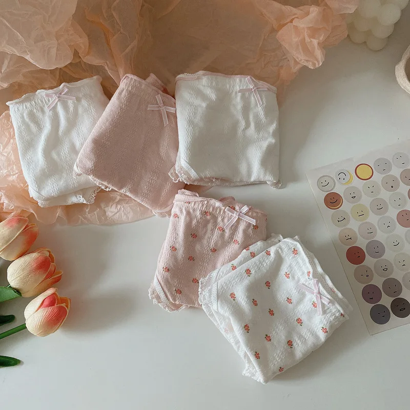 

French Style Lace Cotton Women's Panties Girl Mid-waist Breathable Turned Edge Underwear Casual Soft Lingerie Comfort Briefs