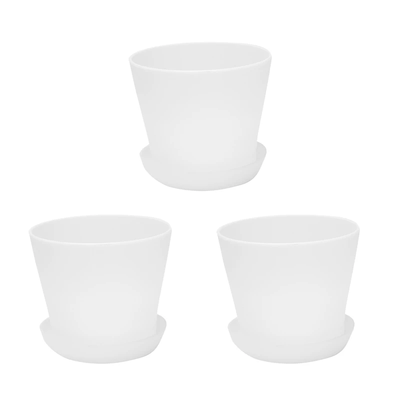 

3X Plastic Plant Flower Pot Planter With Saucer Tray Round Gloss Home Garden Decor, White Upper Caliber - 10Cm/3.94Inch
