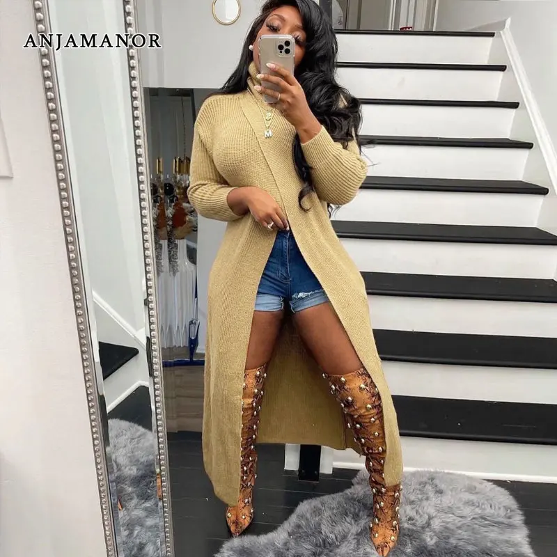 

ANJAMANOR Turtleneck Slit Sweater Dress Winter Clothes Women 2022 Fashion Sexy Knitted Long Sleeve Top Pullover D35-EF69