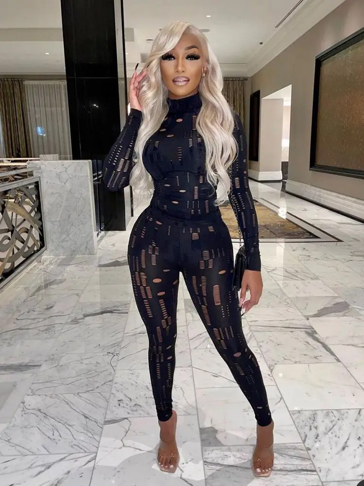 

Women Long Sleeve Top and Pants Suits 2022 Lounge Wear Matching SetsSexy Hollow Out Hole Two Piece Set Club Outfits for