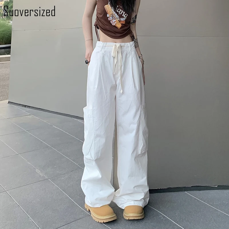 

Однотонные брюки-карго на шнуровке с низкой талией, Женские Мешковатые брюки в стиле бойфренда с большими карманами, длинные брюки в стиле х...