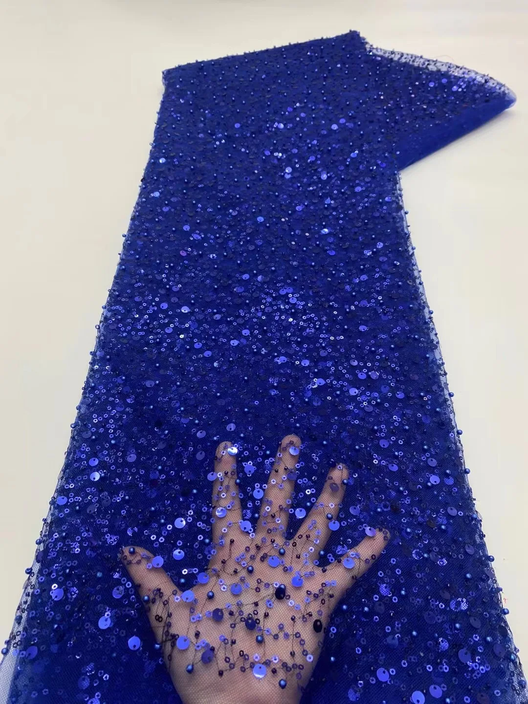 African Royal Blue Shiny Sequins Lace Fabric French High Quality Beaded Tulle Fabric Elegant Traditional For Wedding Dress Sew