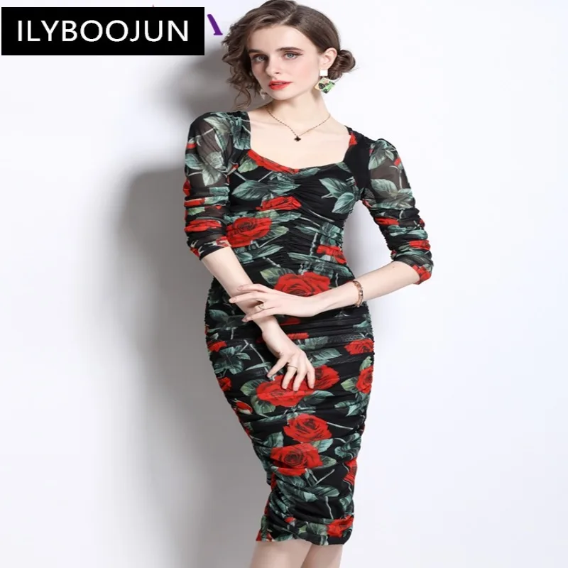 

Women Summer Elegant Floral Dress Festa High Quality Cocktail Party Robe Femme Vintage Designer Mesh Pencil Vestidos