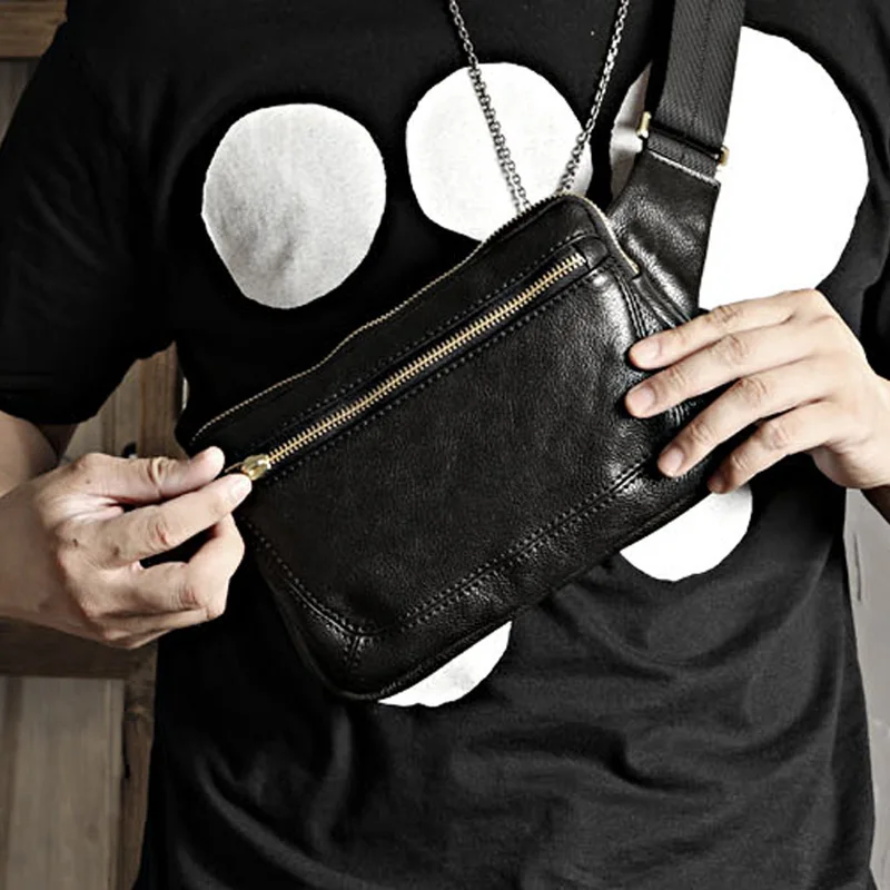 EUMOAN  Original handmade large-capacity chest bag black leather men's messenger bag casual trendy top layer cowhide men's small