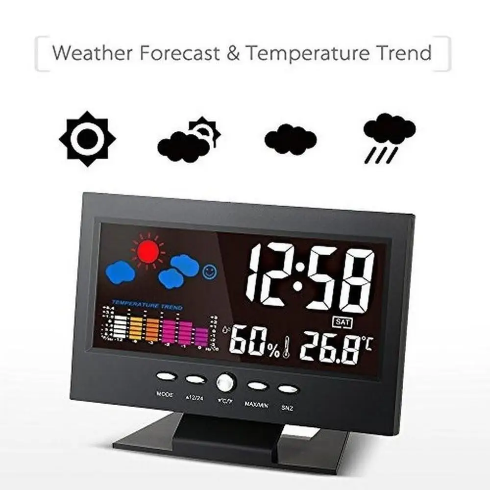 

LCD Backlight Alarm Clock Sound Control Weather Clock 12/24 Hours Clock with Snooze Function, Countdown Sound Control Backlight