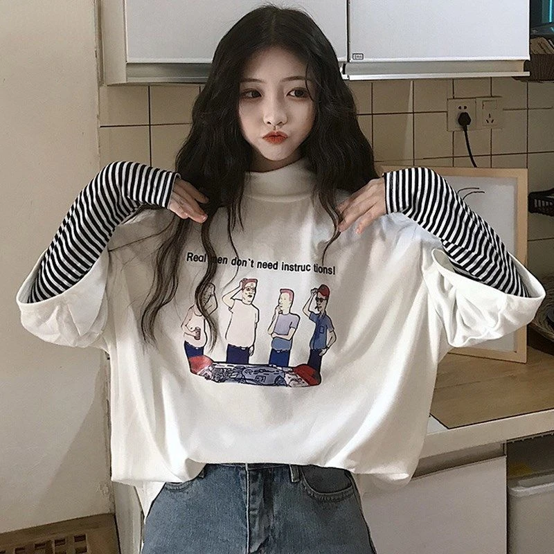 

Long Sleeve T-shirts Women Patchwork Print Leisure Daily Fake Two Pieces Cool Students Womens Korean Style Half-turtleneck Chic