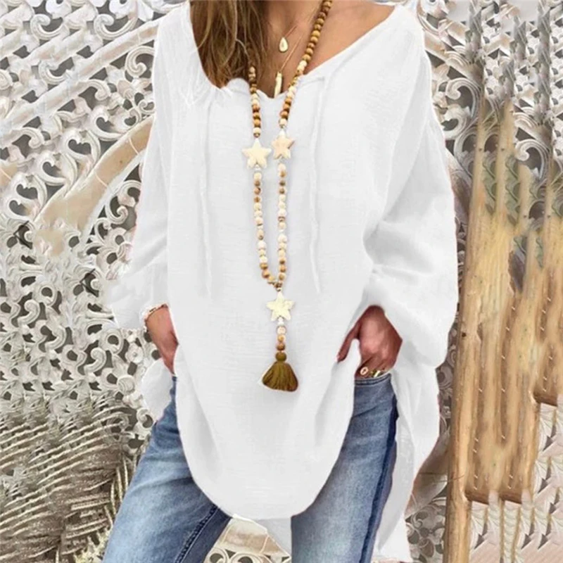 

2022 New Women Sexy V Neck Loose Cotton Blouse Shirt 2022 Autumn Winter Long Sleeve Yellow Red Blouses Tops New 5XL