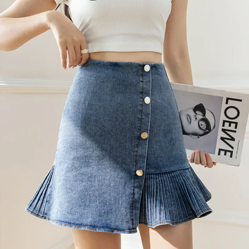 

Женская юбка-годе с оборками, черная или синяя короткая трапециевидная юбка с пуговицами, в Корейском стиле, #4925