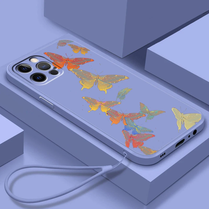

Beautiful Flower Butterfly Phone Case For Apple iPhone 14 13 12 Mini 11 XS Pro Max X XR 8 7 6 Plus SE Soft Liquid Rope Cover
