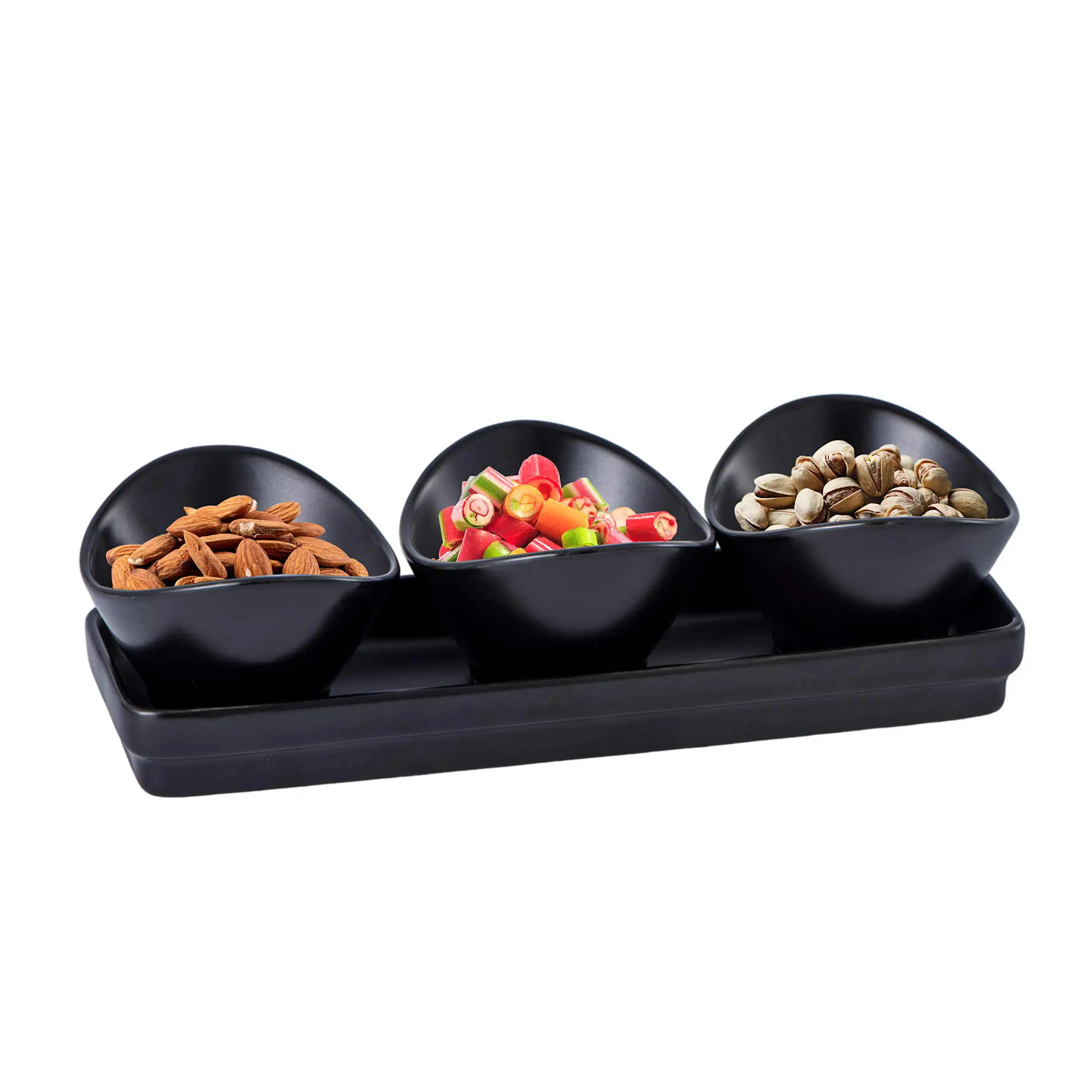 

Porcelain 4-piece Tray with 3 Compartment Serving Bowls Matte Black