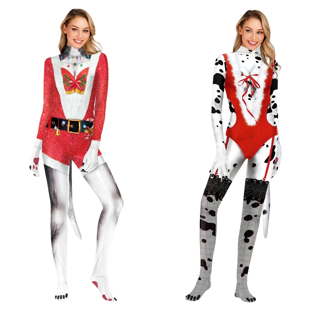 

Женский комбинезон с Санта Клаусом, рождественский костюм для косплея, костюм с 3D принтом, костюм кошки, боди зентай, костюм аниме