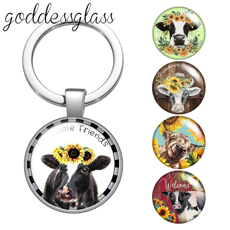 New cows cattle Bull Cute animals glass cabochon keychain Bag Car key chain Ring Holder Charms keychains gift