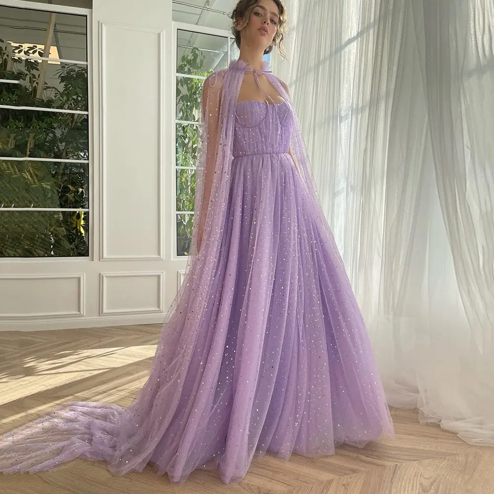 

Sparkly Lavender Sweetheart Prom Dress Glitter Sequin A Line Strapless Evening Party Dress With Detachable Cape Sleeves Vestidos