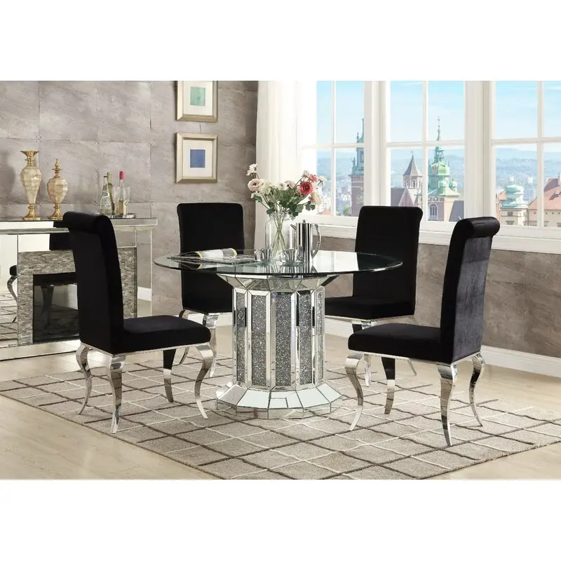 

Wholesale Modern Sparkling Crystal Pedestal Dining Table Temper Glass Top Wedding Table Mirrored Round Table for Home Hotel