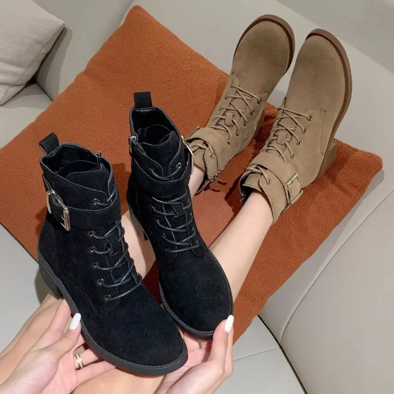 

Женские замшевые ботинки с круглым ремешком, теплые короткие ботинки на толстом каблуке, с пряжкой, Размеры 35-42, для осени и зимы, 2024