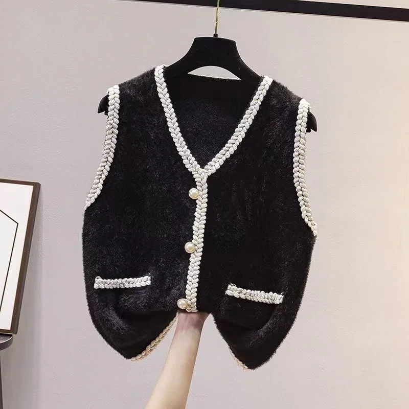 Женский шерстяной жилет в Корейском стиле модный со вставкой из кожи и меха