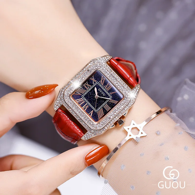 

New Rectangular Diamond Wrist Watches for Women Rose Gold Ladies Watch Luxury Brand Red Leather Band Quartz Clock Christmas Gift