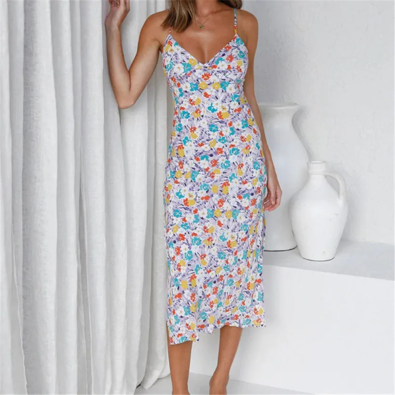 

Elegant Floral Print Sundress Sexy V Neck Backless Bow Split Long Dress for Women 2022 Summer Spaghette Strap Dresses Vestidos