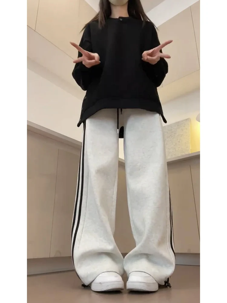 Plus Size Two Pants Corner Stripe Autumn New Slimming Gray White Sweatpants Women Loose Lazy Plus size Chubby Girl Casual