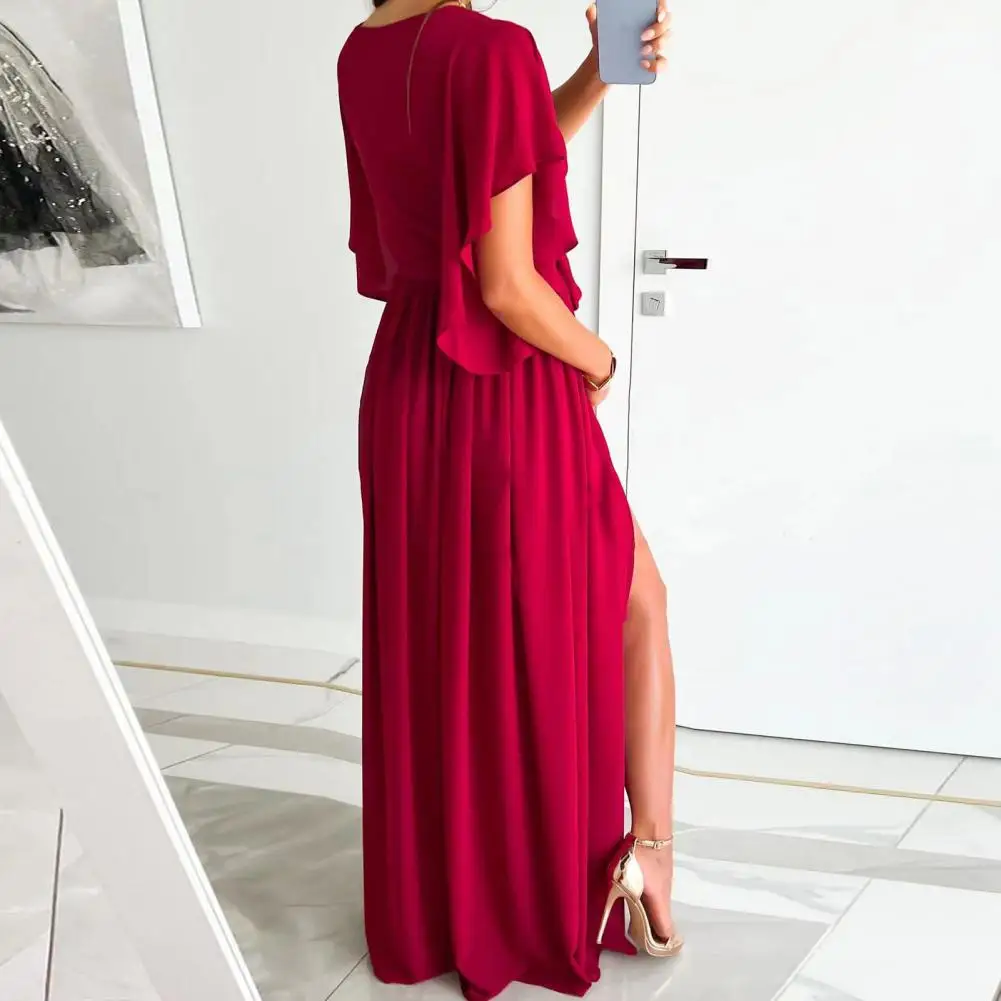 

Fashion Long Dress Solid Color Breathable Maxi Dress Waist Lace-up Side Split Hem Long Dress