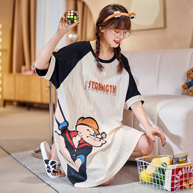 Disney Popeye Cotton Sleepshirts Nightgown Summer Night Dress Women Nighties Short Sleeve Nightwear Sleepwear Women Home Shirts