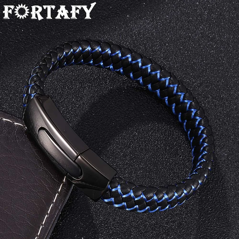 

FORTAFY Men Jewelry Black Leather Rope Blue Nylon Rope Mixed Weave Male Bracelet Stainless Steel Clasps Man Bangles FR0045