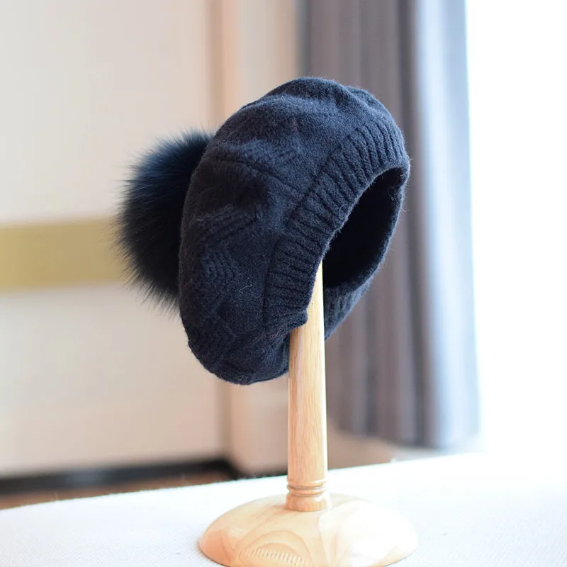 

Knitted Beret Women's Autumn and Winter Fur Ball Woolen Cap All-Matching Pumpkin Hat