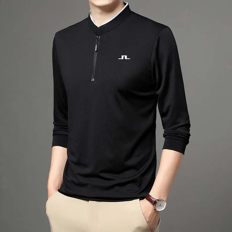 Men's Golf Polo Zipper Spring Clothes Men For T-shirt Long Sleeve Casual Everyday Versatile Wear Solid Color Cotton Top Hiking
