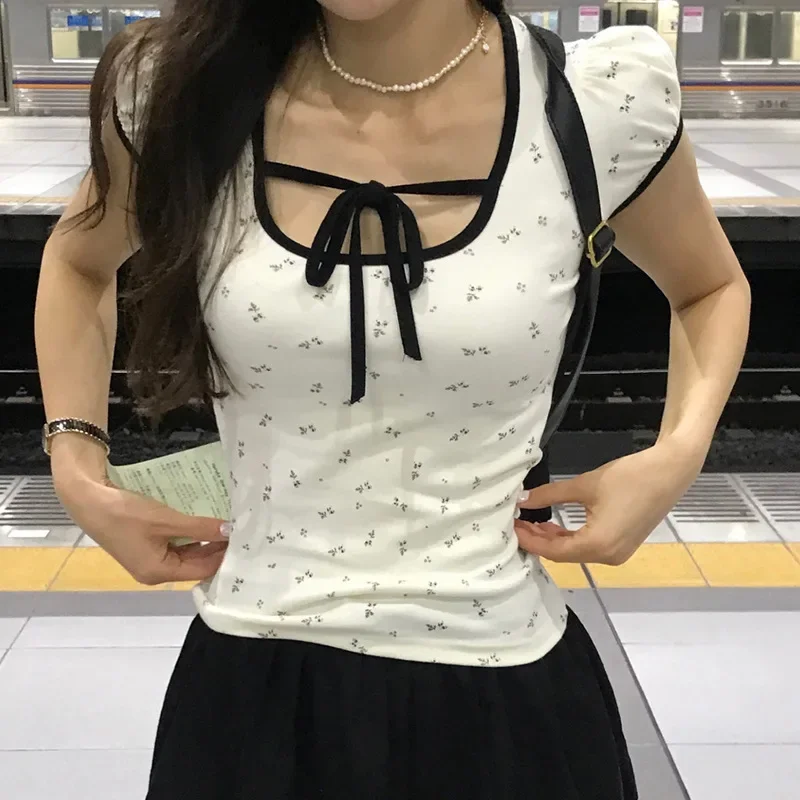 Y2K Bangage Футболка с оборками в стиле пэчворк кавайные женские гранж квадратным