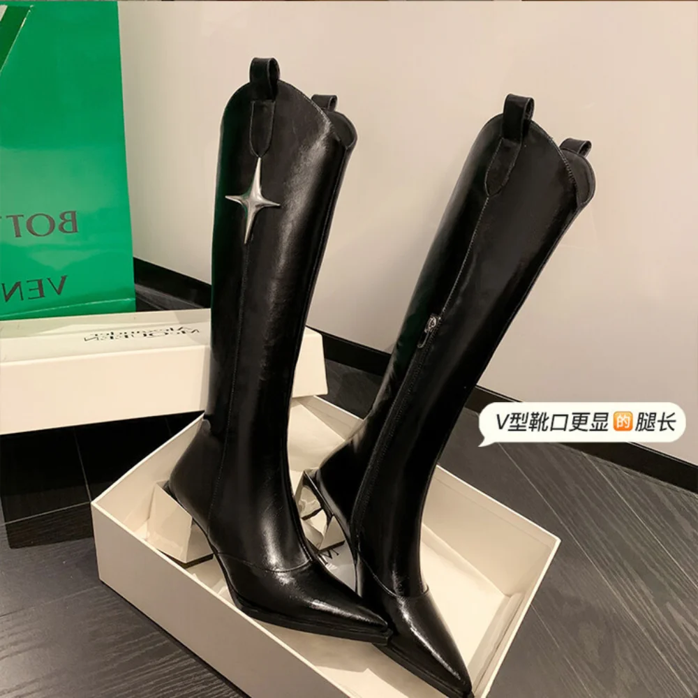 Style Pointed Toe Long Boots Women Autumn Silver Thick Heels Knee High Boots Woman Zipper Pu Leather Cowboy Botas
