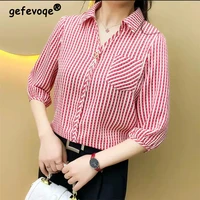 elegant fashion striped printing pockets chiffon shirt summer 2022 polo neck half sleeve loose pullovers blouse womens clothing