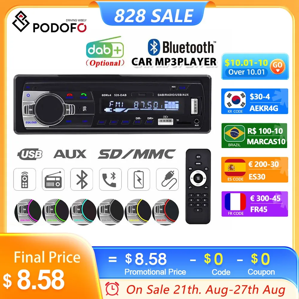 Автомобильный радиоприемник Podofo Dab, стереоприемник, FM, Aux вход, SD, USB, JSD-520 12 В, 1DIN, Bluetooth, MP3, мультимедийный плеер