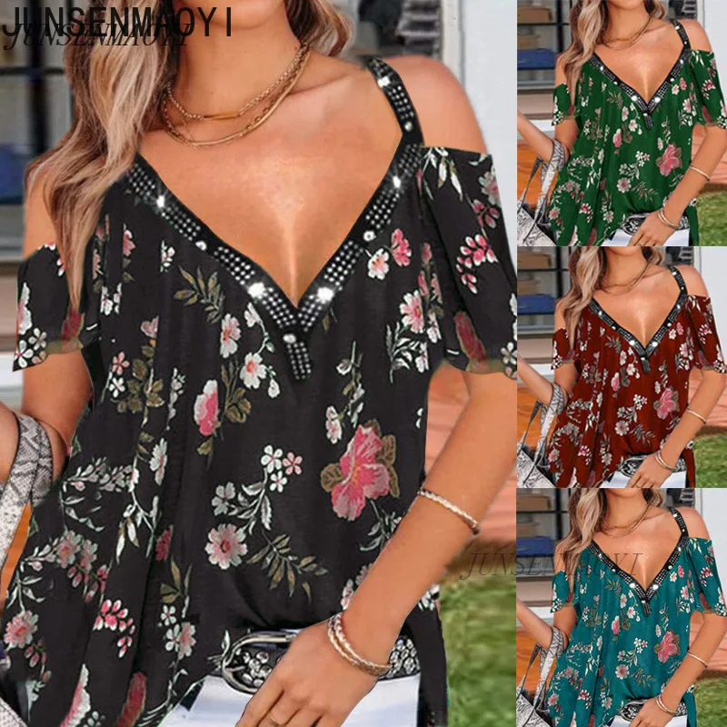 

2022 Summer New Women Tops Loose Floral Print Top Sexy V-neck Strapless Short-sleeved T-shirt Casual Large Size Ladies Loose Top