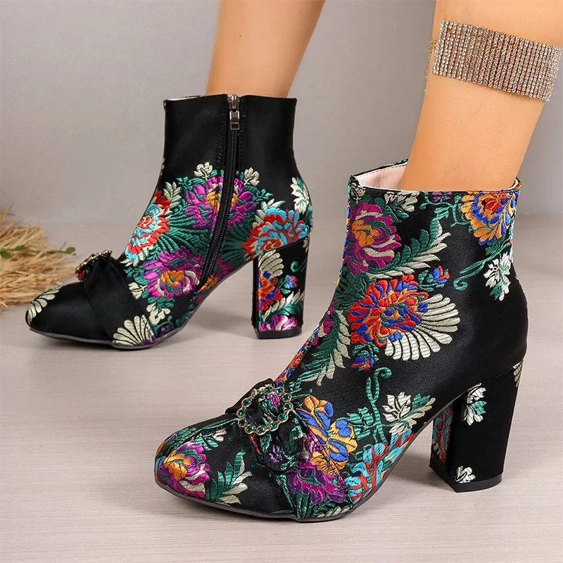 

Women High Heels Embroidery Shoes Chelsea Ankle Boots Winter 2024 Chunky Gladiator Boots Designer New Pumps Shoes Botas Mujer