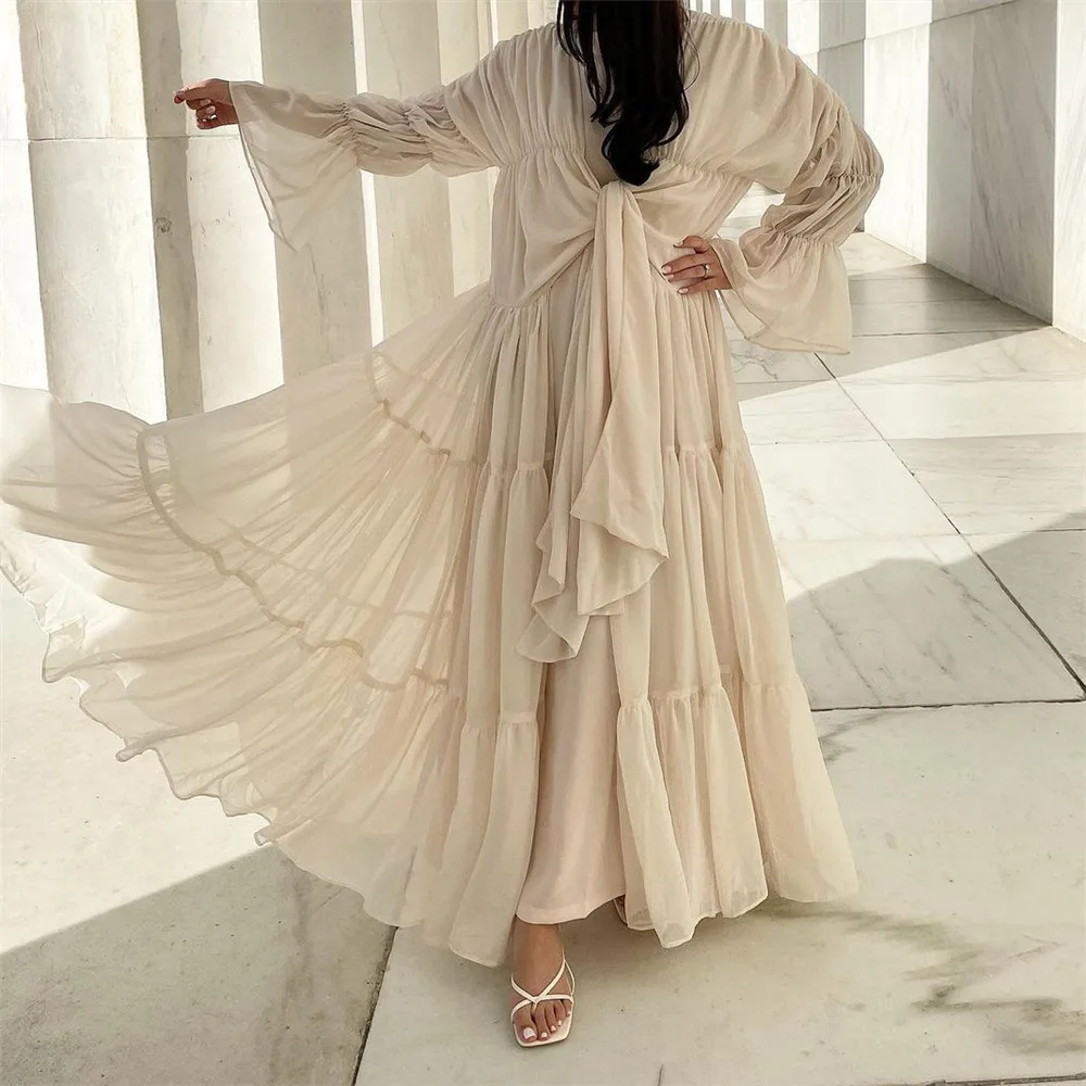 

Ramadan Eid Muslim Abayas Women Tunic Puff Sleeve Cardigan Kimono Musulmane Dubai Fashion Dress Arab Robe Modest Clothes