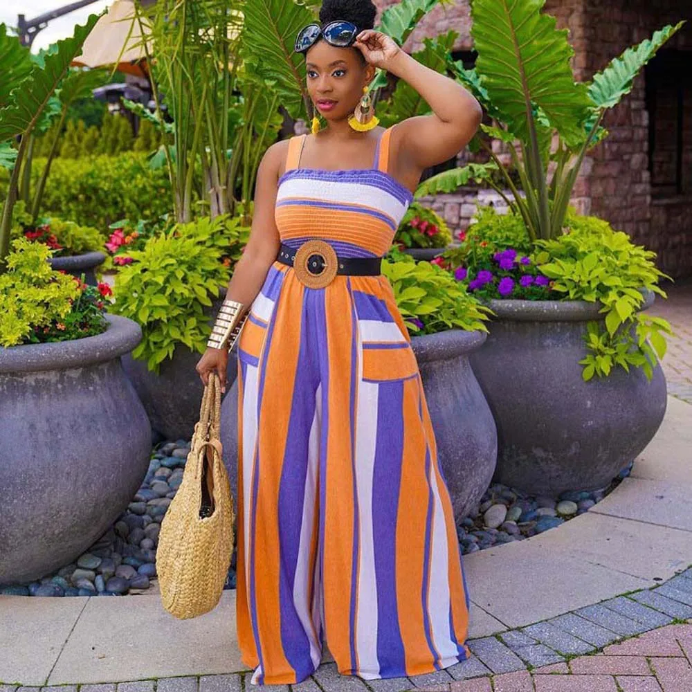 

Jumpsuit Off Shoulder Summer Sexy Backless High-waisted Colorful Striped Wide-leg Jumpsuits Office Ladies 2022 Beach Vacation