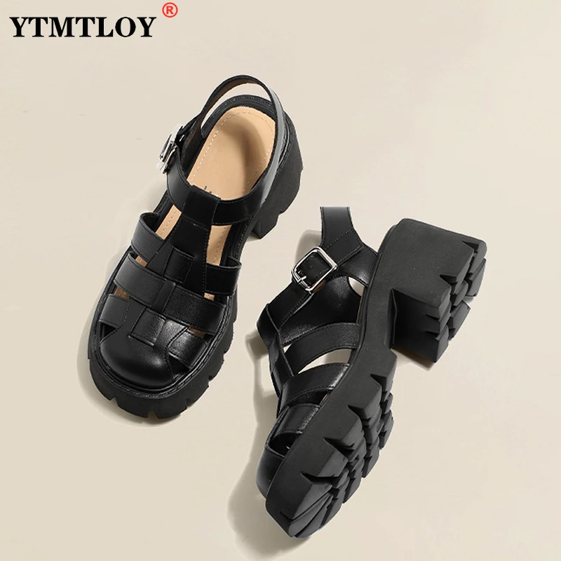 

New Roman Women's Sandals 2022 New Summer Breathable Toe Head Heightened Thick Bottom Hollow Buckle Heels Wedges Cute Heels