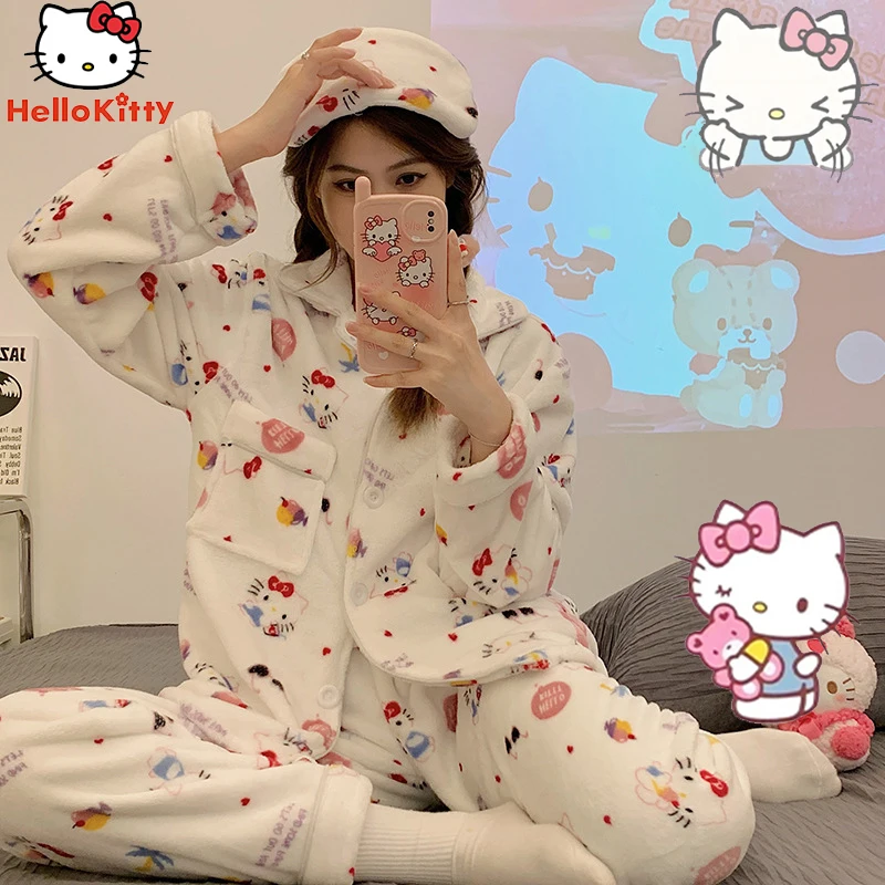 

Новинка 2022, Фланелевая пижама Kawaii Hello Kittys Kuromi, Sanrio, аниме, Ins простые универсальные, удобный пиджак, брюки, комплект на Рождество