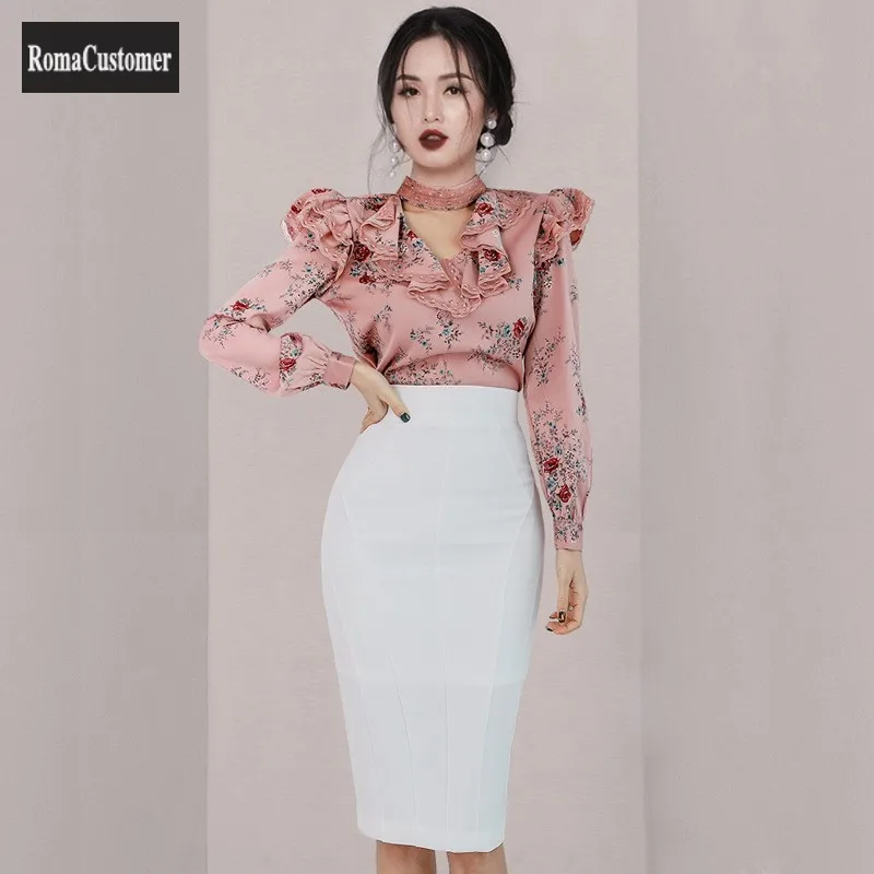 

Womens Sets Spring New Temperament Ruffles Print Long Sleeve Shirt Slim High Waist Skirt Trend Top Fashion Two Piece Set