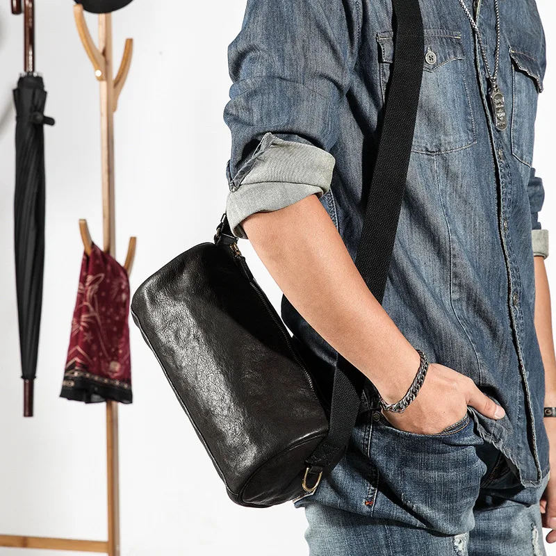 Casual fashion cylinder design luxury genuine leather men's shoulder bag simple soft natural real cowhide teens crossbody bags