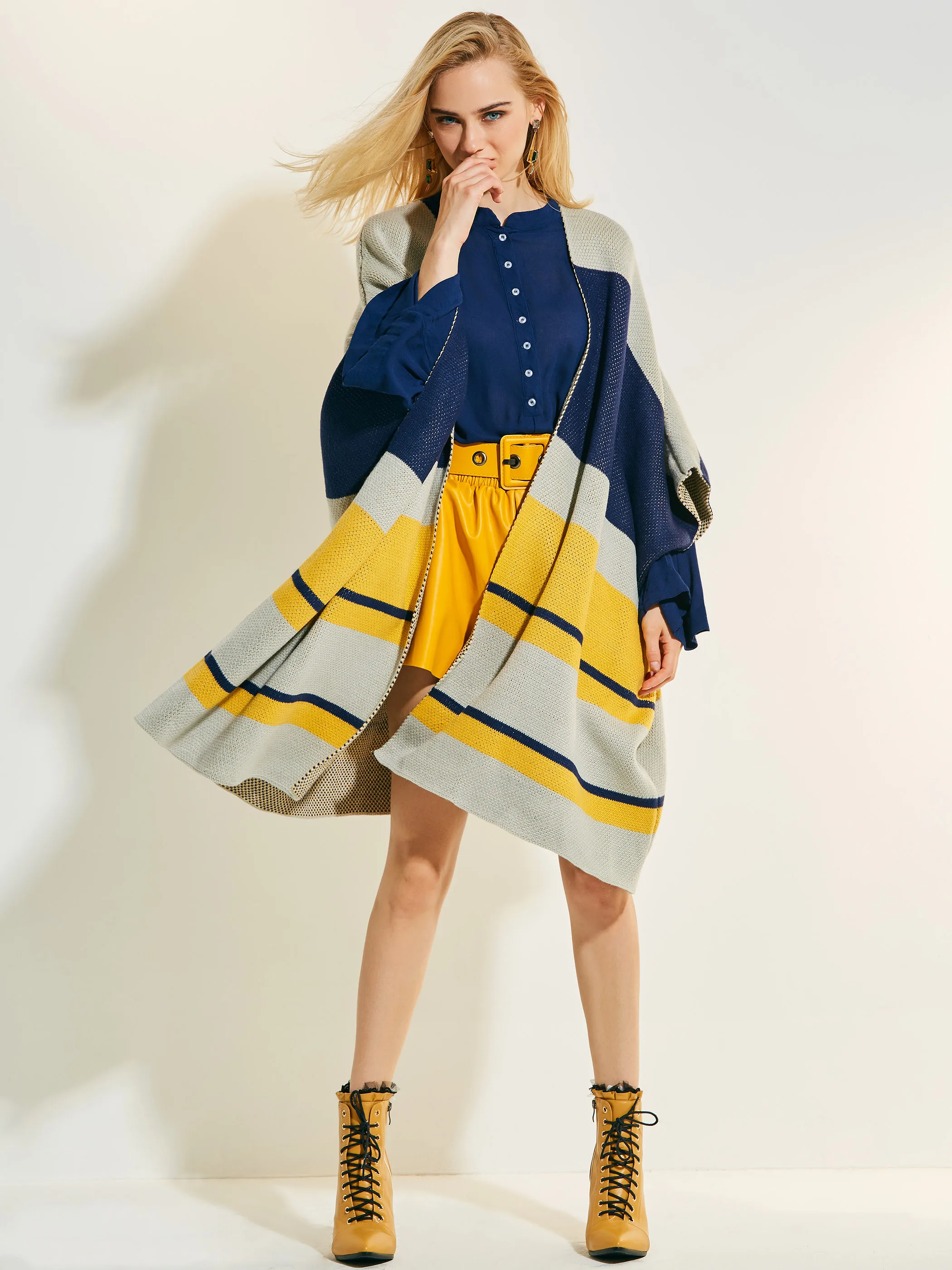 

Женская Длинная накидка Sishot, повседневная трикотажная накидка синего и желтого цвета с v-образным вырезом, свободная повседневная накидка в...